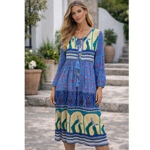 R Vivimos Boho Peacock Maxi Dress Long Sleeve Tie Neck Tiered Flowy Size S